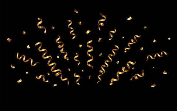 Blank template of background, banner with realistic confetti from party poppers, flying gold ribbon, streamers on black background, fireworks for new year 2025 celebration. Vector EPS10	