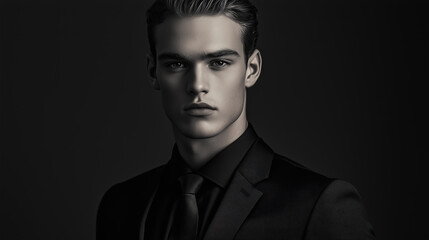 Obraz premium young adult male in a formal black suit with a determined or serious expression on his face