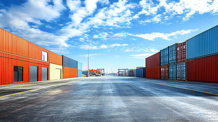 Fototapeta premium Colorful Cargo Containers Line Port Asphalt Road