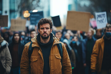 Naklejka premium Focused man leading group of protesters marching in city street for human rights
