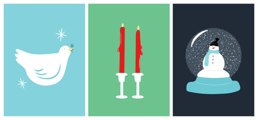 Christmas holiday elements illustration portrait. Dove, Candle, Snow Globe with Snowman