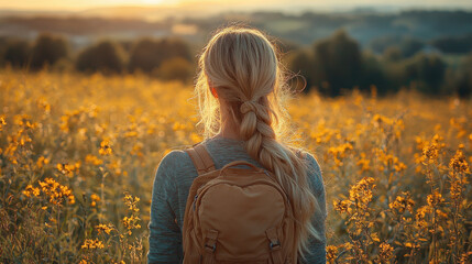 Young woman with long blonde hair gazing at a sunset in a golden flower field, enjoying nature and peaceful moments during the evening hours