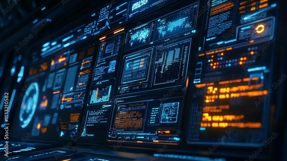 Poster Futuristic digital interface with glowing displays showing data and information.