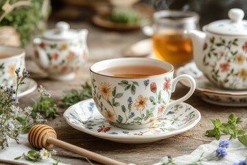 Fototapeta premium Steaming herbal tea being served in a floral teacup with honey and fresh herbs on a rustic wooden table