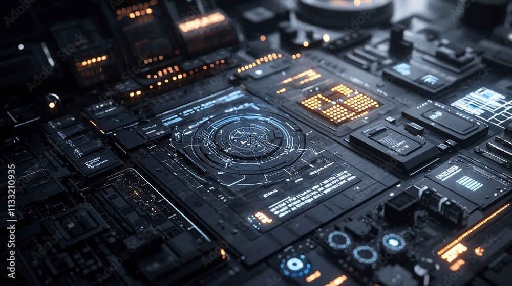 Poster futuristic technology circuit board with glowing interfaces.