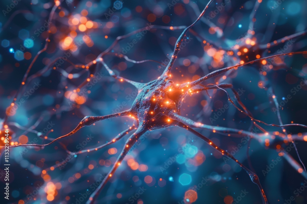 Poster a close-up view of neurons in the brain, showcasing their intricate connections and structures. neur