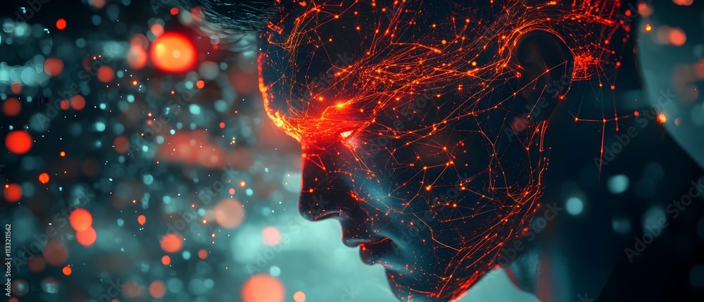 Poster Futuristic Portrait of a Person with Neon Light Patterns and Data Network Visualization in a Surreal Digital Environment