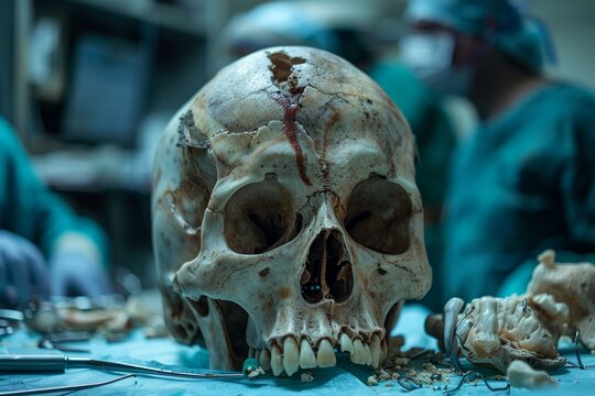 Skull on a surgeon's operating table