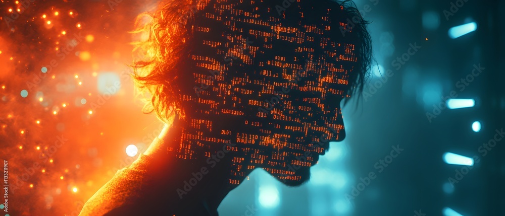 Aufkleber Silhouette of a Person Surrounded by Digital Code and Abstract Light Effects Representing Technology, Innovation, and the Future of Humanity