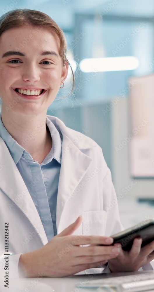 Poster face, scientist and woman on tablet in laboratory for research, problem solving or check experiment 