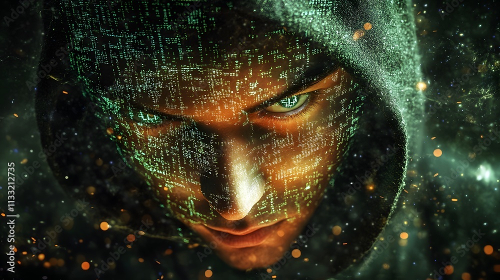 Aufkleber intriguing digital portrait of a hooded figure surrounded by symbols and glowing particles, represen
