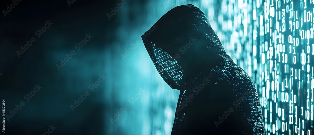 Leinwandbilder Mysterious Figure in Hooded Jacket Standing Against Digital Binary Code Background Representing Cybersecurity, Technology, and Online Privacy Issues in a Dark Environment