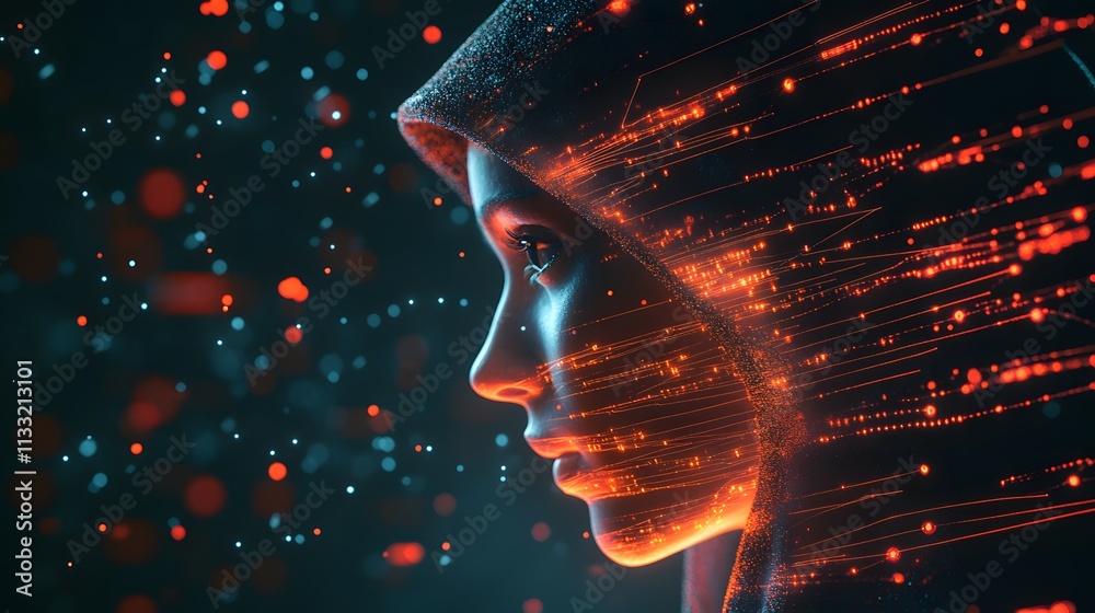 Poster Portrait of a futuristic woman with glowing particles, surrounded by abstract digital elements and vibrant colors, representing technology, innovation, and transformation.