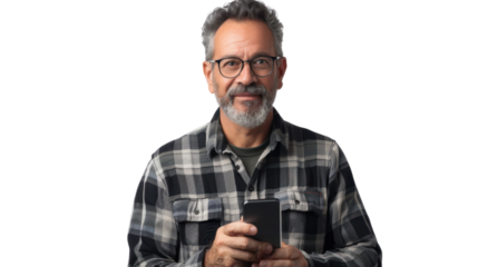Portrait of  american middle age male holding mobile phone
