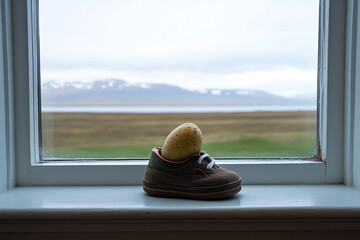 Child's shoe on windowsill with a potato inside. Potato instead of a gift left for naughty children by the Yule Lads. Icelandic Christmas folklore.