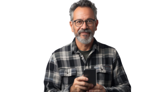 Portrait of  american middle age male holding mobile phone
