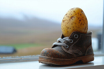Child's shoe on windowsill with a potato inside. Potato instead of a gift left for naughty children by the Yule Lads. Icelandic Christmas folklore.
