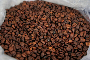 Roasted coffee beans on display