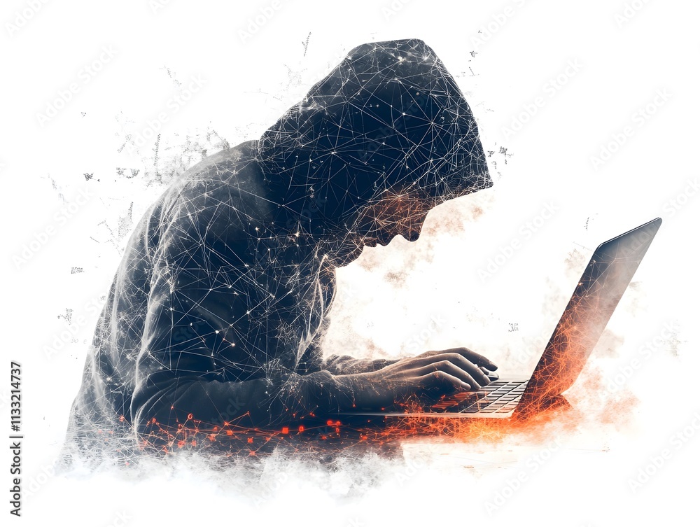 Poster Mysterious Figure in Hoodie Using Laptop with Digital Network and Abstract Lines Illustrating Cybersecurity, Technology, and Internet Concepts