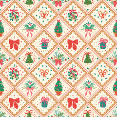 Christmas bows and ribbons patchwork seamless pattern with winter holiday fir branches, Christmas tree. Cute vector quilt, blanket cozy mosaic background, print, gift paper, textile design, wallpaper