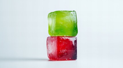 Colorful ice cubes stacked in vibrant green and red, creating a playful and refreshing visual on a light background.