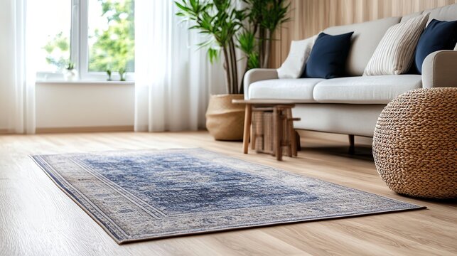 Cozy living room interior with stylish sofa and decorative rug.