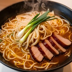 A gracefully falling ramen noodle, drifting delicately from above, captured in a mesmerizing still life photograph. The slender noodle is adorned with savory broth droplets, its surface glistening in 