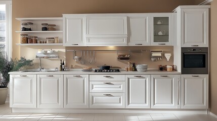 Fototapeta premium Modern white kitchen with elegant design and organized layout.
