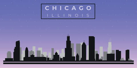 Obraz premium Cityscape against the starry sky. Chicago, Illinois, Usa. Black and white silhouettes of buildings. Vector on gray background