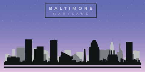 Fototapeta premium Cityscape against the starry sky. Baltimore, Maryland, Usa. Black and white silhouettes of buildings. Vector on gray background