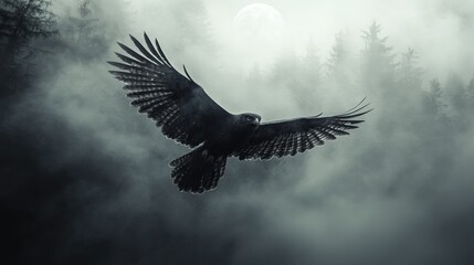 Obraz premium Majestic Eagle Soaring Through Misty Forest Under Moonlight