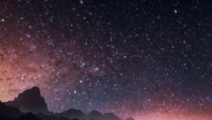 Fototapeta premium A starry night sky, with mountains silhouetted against it. Many stars, reddish hues.