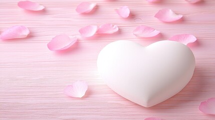 Fototapeta premium Romantic White Heart with Pink Rose Petals on Pink Wooden Background
