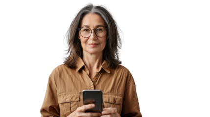 Portrait of modern american middle age female holding mobile phone on white background