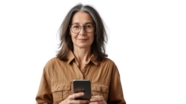 Portrait of modern american middle age female holding mobile phone on white background
