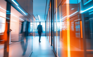 Blurred motion of people walking in a modern office hallway with dynamic orange and blue lighting reflecting off glass walls.