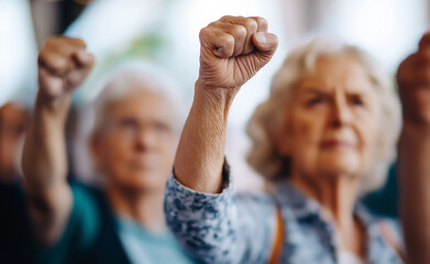 An elderly woman with raised fist leading a group of senior women, symbolizing empowerment, solidarity, and activism.