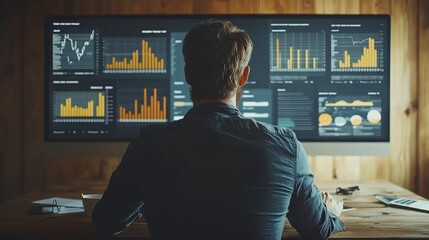 Professional analyzing data and statistics on large screen in a modern office environment, focused on financial charts and performance metrics with warm wood background