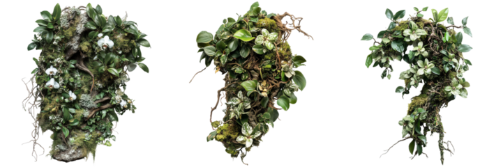 Artistic display of lush green plants and moss wall art on a transparent background
