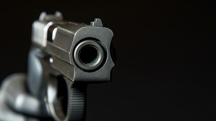 Obraz premium Close-up of a gun barrel pointed directly at the viewer against a black background.