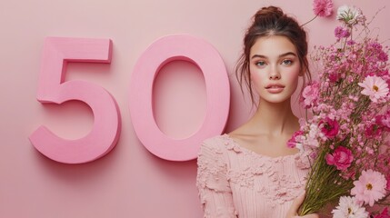 Serene Young Woman with Pink Flowers and Number 50 Against Pink Background