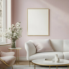 Elegant Living Room Interior, Modern Sofa and Blank Frame Mockup on Pink Wall