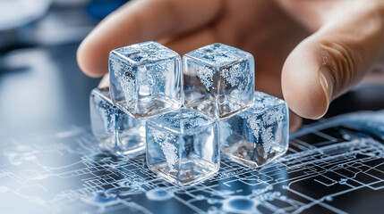 Transparent glass cubes with world map designs are stacked on digital blueprint. image conveys innovation and global connectivity