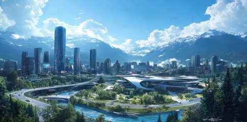Naklejka premium Majestic cityscape with modern architecture nestled between mountains and rivers under a vibrant sky