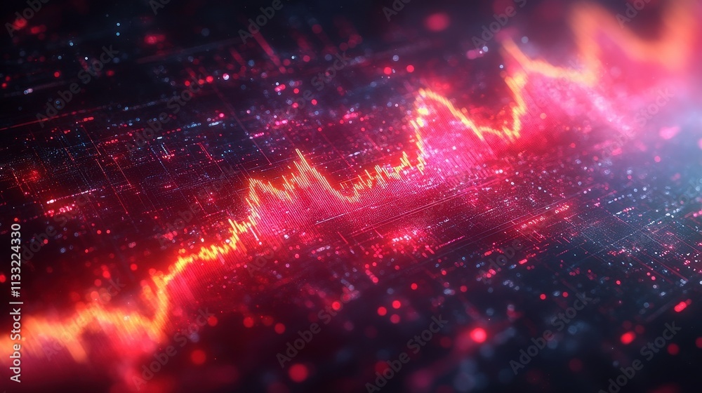 Fototapete abstract digital visualization of data trends and waveforms in fiery red and orange color tones, sym
