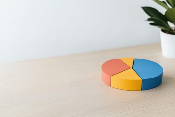 Fototapeta premium A colorful pie chart sits on a wooden table next to a potted plant, symbolizing data visualization and analysis.