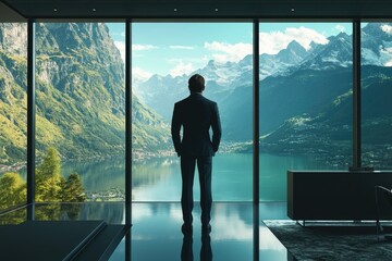 Fototapeta premium A businessman stands silhouetted against a stunning mountain lake vista, contemplating success and future prospects.