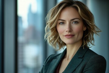 Fototapeta premium A confident woman with wavy blonde hair, wearing a dark green blazer, stands near a window with a city view.