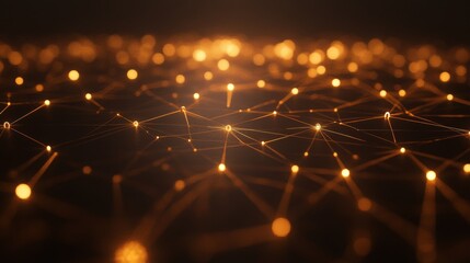 A digital network concept showing an abstract, glowing orange grid of interconnected nodes on a dark background. Perfect for illustrating data flow, digital communication, or technology connections in