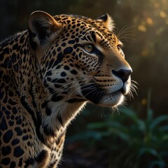 Obraz premium Jaguar - a powerful predator of America. A magnificent, solitary hunter with strong musculature and distinctive rosettes on its fur. A symbol of wildlife.